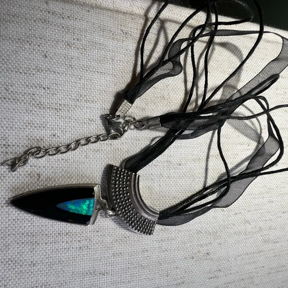 Elegant Sterling Silver and Black Onyx and Opal Arrow Pendant Necklace